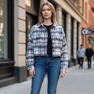 NEW blue b Collection Light Teal, Cream & Brown Plaid Flannel Button Up Jacket L